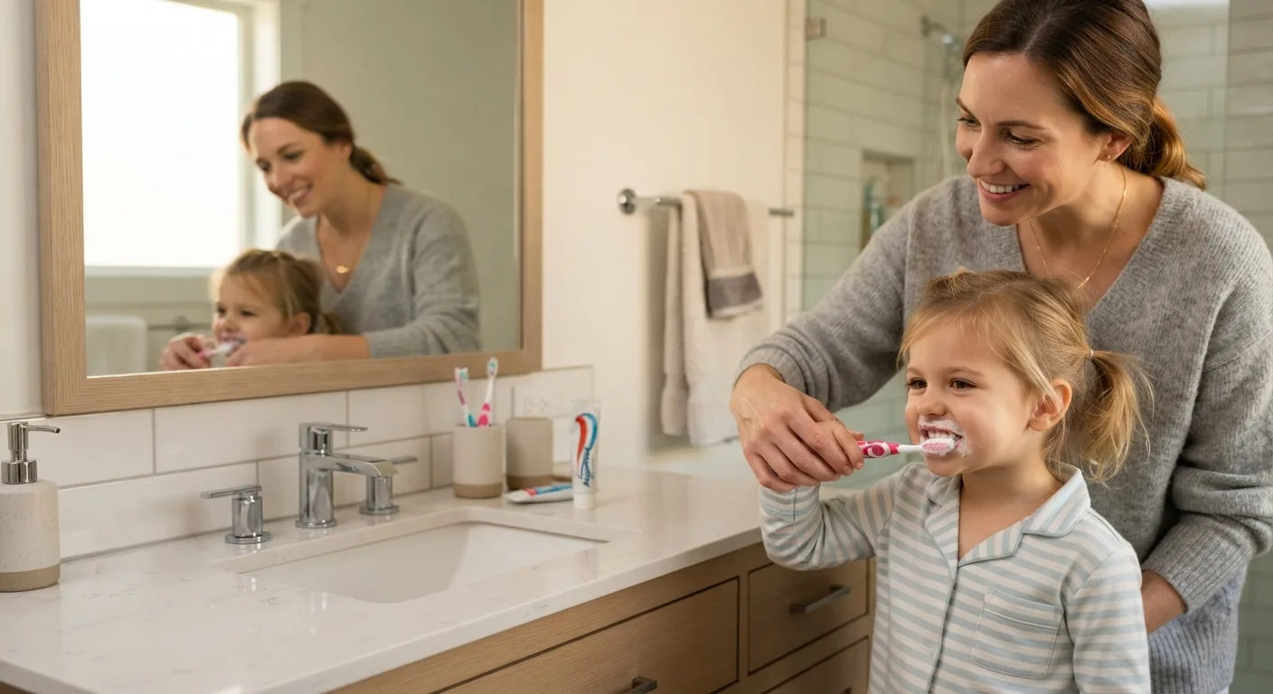 مادر در آینه‌ی سرویس بهداشتی به دخترش در مسواک زدن کمک می‌کند